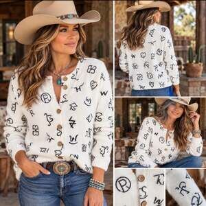 Women’s Western Ranch Brand Cardigan Sweater White Black Fuzzy Button Front